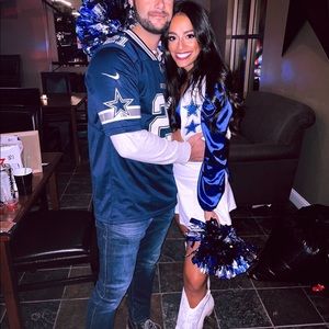 Dallas cheerleader costume-includes vest, pom poms, white tennis skort, blue top